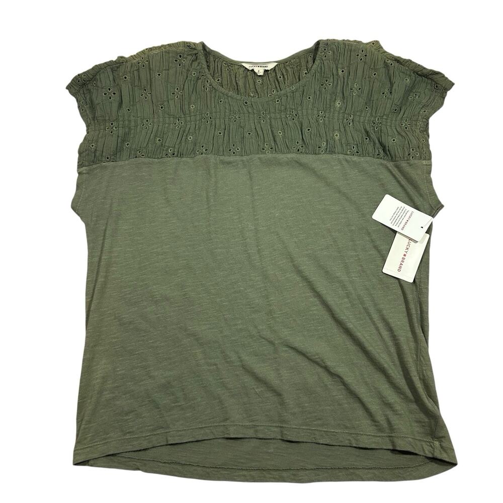 NWT Lucky Brand Small Olive Green Eyelet Lace Yoke Tee Cap Sleeve Blouse Earthy